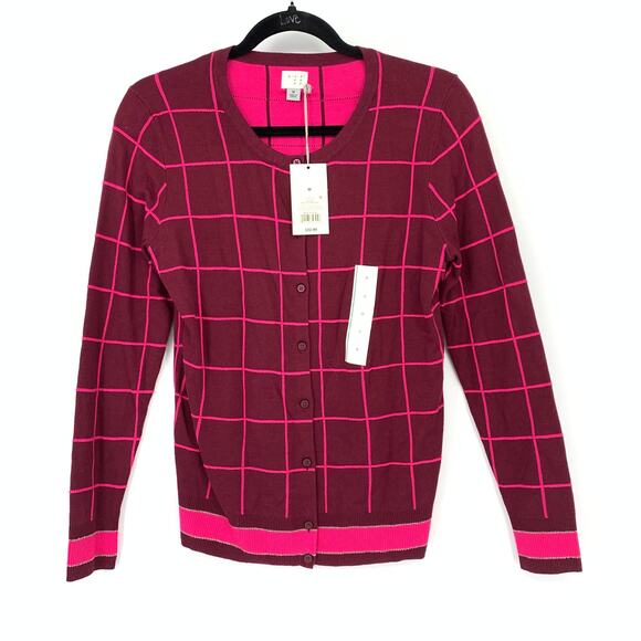 Merona Crew Neck Cardigan Sweater Womens M Two Tone Pink Maroon Grid Print NEW - Picture 1 of 8